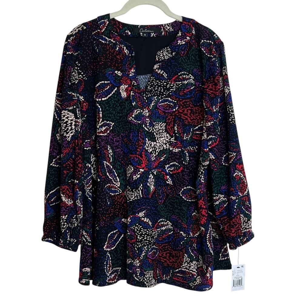 Calessa Womens Top 1X Multicolor Abstract Floral Print 3/4 Sleeve Tunic